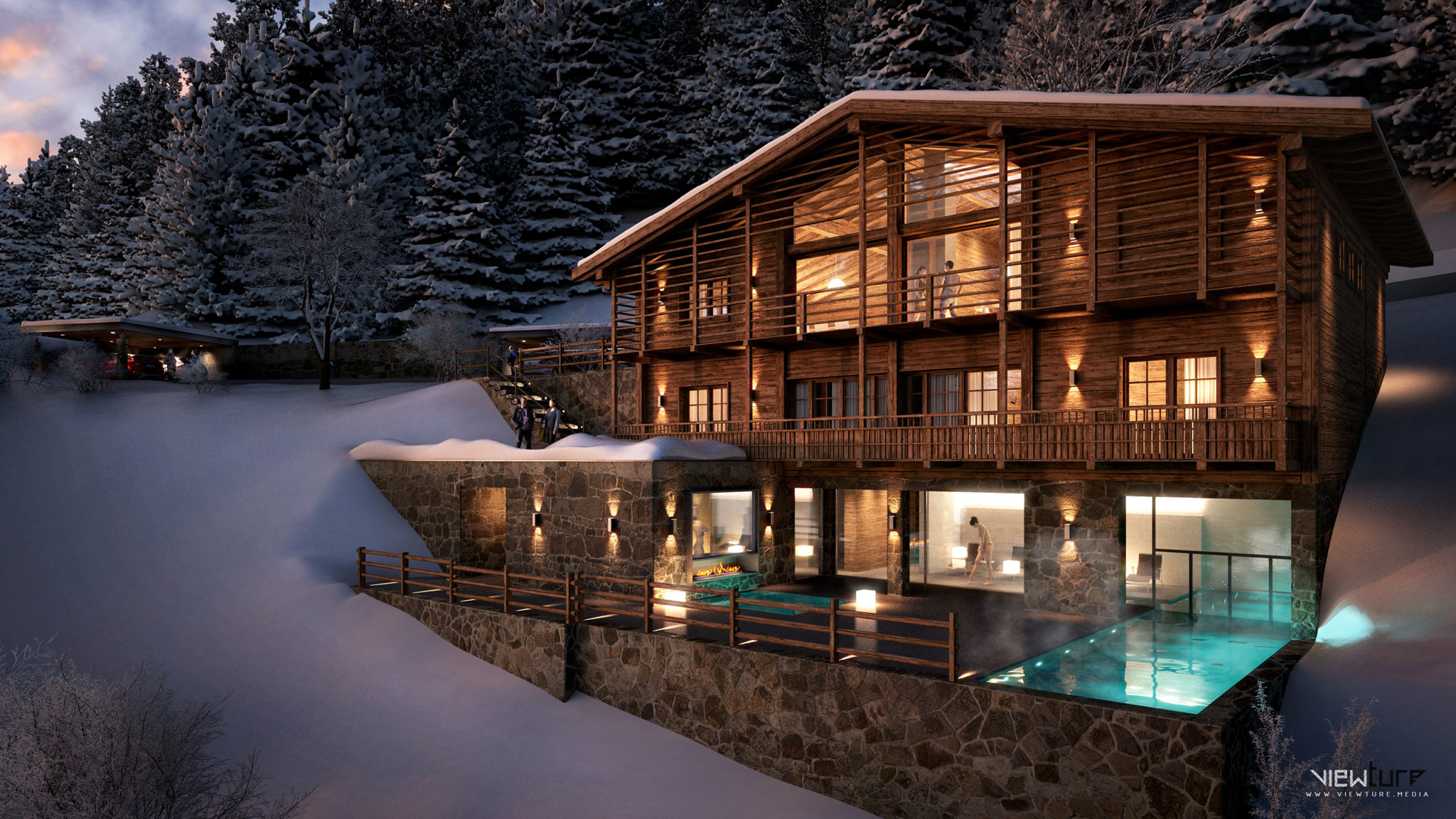 Chalet St. Anton Abendstimmung Winter - Viewture Visualisierung