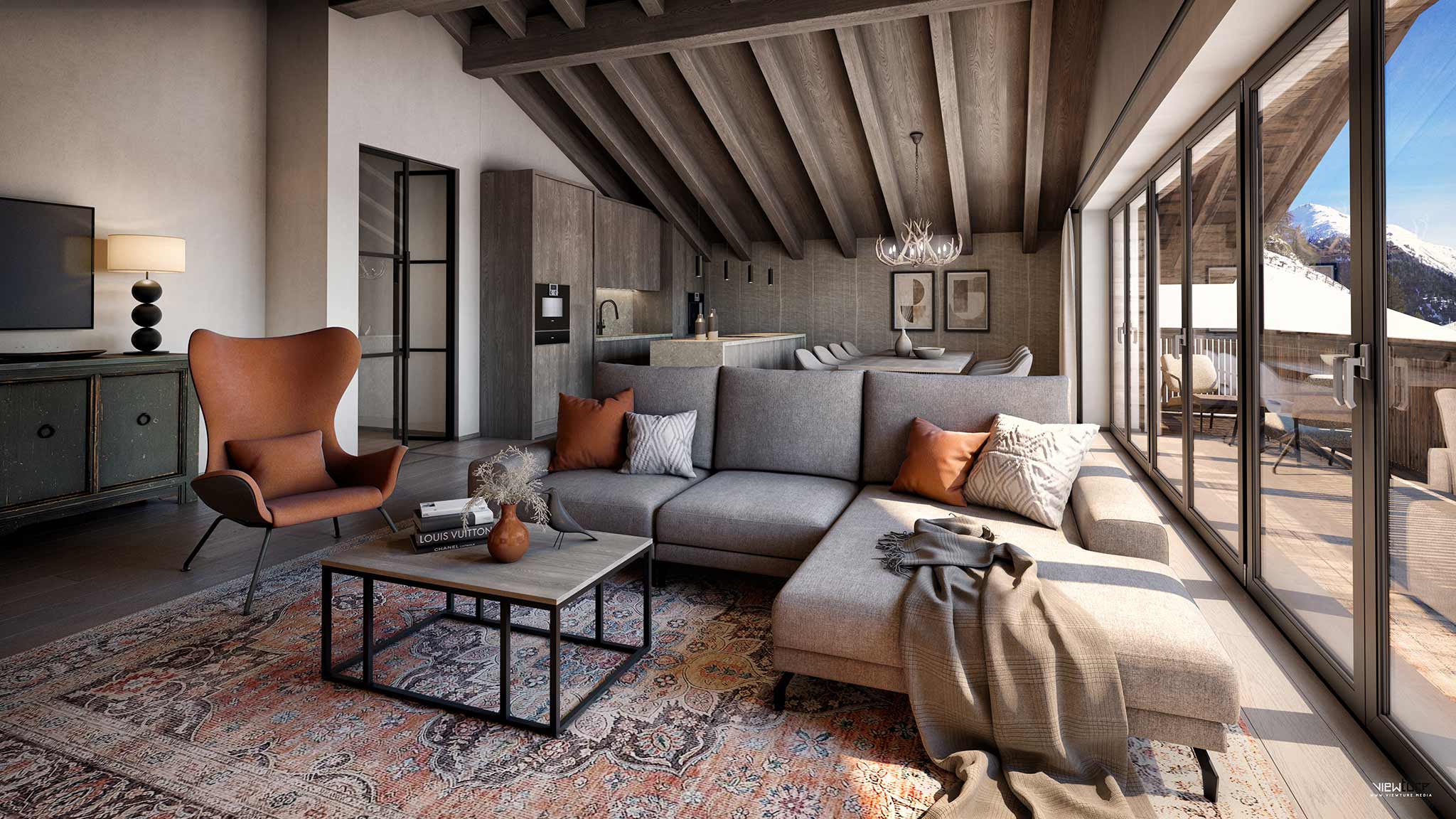 Großzügiger Wohnraum mit Küche und Balkon in einer alpinen Lodge - Viewture Visualisierungen
