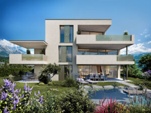 Fotorealistische 3D-Exterior-Visualisierung eines modernen Mehrfamilienhauses mit Balkonen, Schwimmteich und Gartenanlage von Viewture