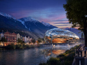 Fotorealistische 3D-Architekturvisualisierung eines futuristischen Glaskuppel-Gebäudes an der Innpromenade Innsbruck bei Dämmerung von Viewture