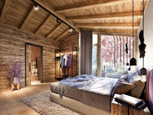 Fotorealistische 3D-Architekturvisualisierung eines alpinen Chalet-Schlafzimmers mit Altholz-Wänden und moderner Einrichtung von Viewture