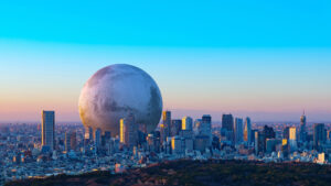 Mars stark verkleinert in der Skyline von Tokyo bei Abenstimmung - Viewture Visualisierungen
