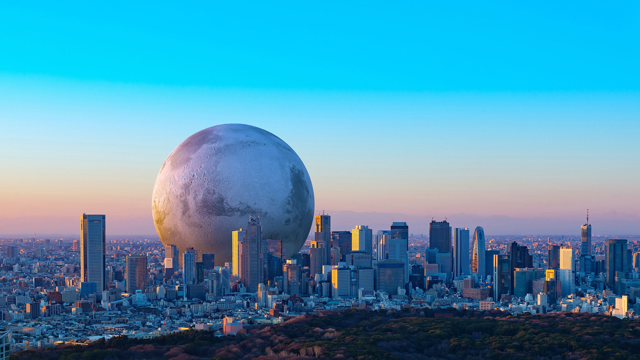 Mars stark verkleinert in der Skyline von Tokyo bei Abenstimmung - Viewture Visualisierungen