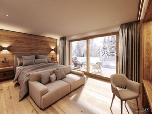 Visualisierung des Schlafraumes in der Villa Villekulla in St. Anton ©Viewture Visualisierungen